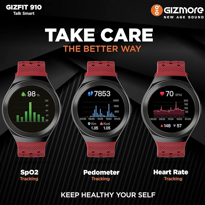 GIZMORE Gizfit 910 Full Smart Watch with in-Built Speaker Bluetooth Calling & Music, Bold Metallic Body/SpO2 and Heart Rate Monitoring, Unlimited Faces Long Battery Life & Multiple Sports Mode- Red GIZMORE Gizfit 910 Full Smart Watch with in-Built Speaker Bluetooth Calling & Music, Bold Metallic Body/SpO2 and Heart Rate Monitoring, Unlimited Faces Long Battery Life & Multiple Sports Mode- Red